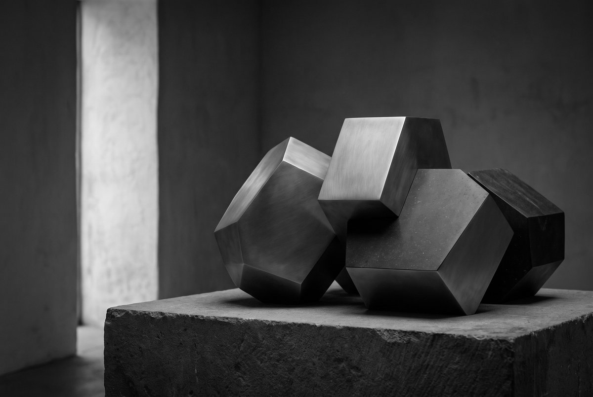 Editorial illustration — closed geometric vessels rendered in disciplined shadow, with a distant area of soft daylight beyond their boundary. Conceptual study of capital constrained by old forms, not a documented facility.