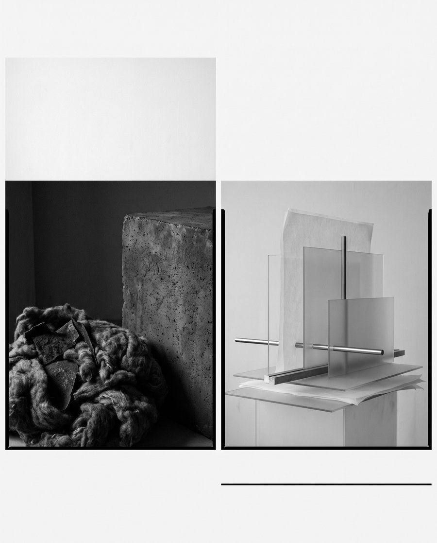 Editorial illustration — a diptych of an ambiguous physical material on one side and a precise layered structure of paper-like planes and glass on the other. Conceptual study of the distinction between an asset and a recorded claim on it. Not a document, token or facility.