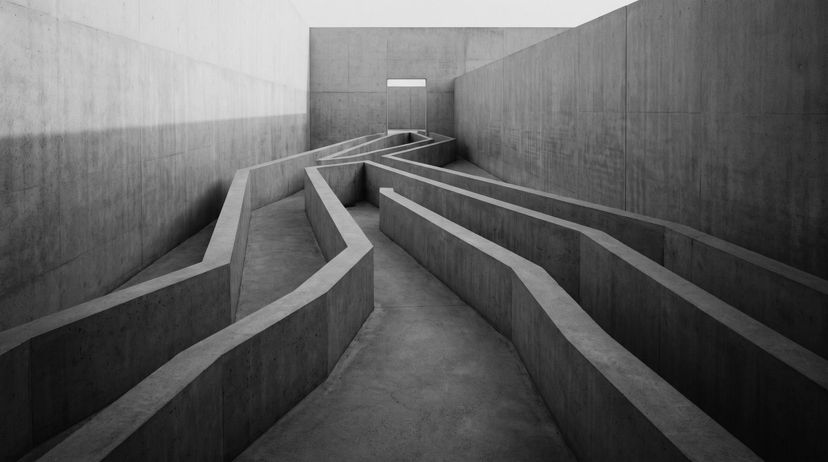 Editorial illustration — quiet architectural pathways in matte concrete, converging toward a single clear opening. Conceptual study of capital finding a route between opportunity and funding. Not a documented facility.