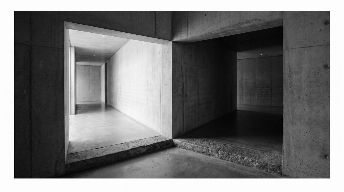 Editorial illustration — two possible passageways beginning at the same quiet threshold; one clearly lit, the other receding into calm shadow. Conceptual monochrome study of choosing a route rather than winning an argument. Not documentary.