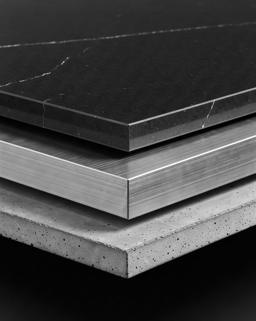 Editorial illustration — three horizontally stacked architectural material slabs — polished dark stone, brushed metal, cast concrete — meeting at precise horizontal seams of light. Conceptual monochrome study of distinct forms of money sharing one settlement surface. Not documentary.