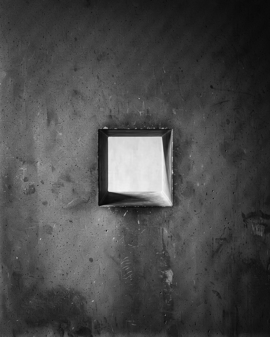Editorial illustration — a monolithic dark stone wall with a precise hand-sized rectangular aperture at its centre, light emerging outward from inside the stone. Conceptual monochrome study of the moment of retrieval from inside a body of knowledge. Not documentary.