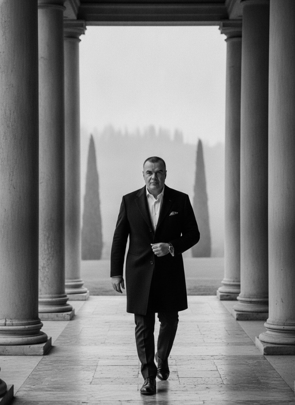 Giovanni Calabrò — Founder of Calfin. Environmental portrait walking through a colonnade. Monochrome editorial photograph.